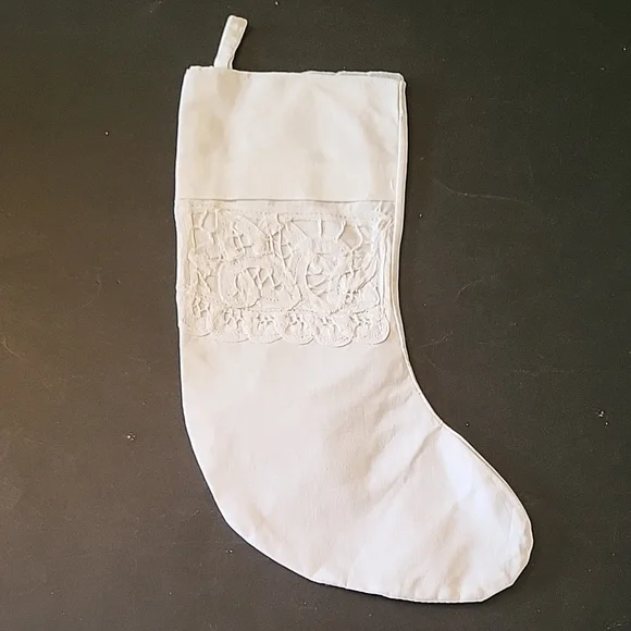 Elegant White Cotton Battenburg Christmas Stocking, Ready for Crafting! 12" - Picture 3 of 11